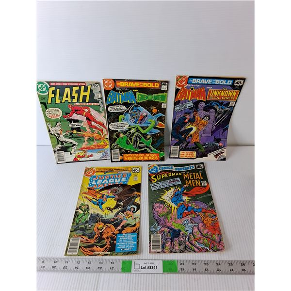 (5) Vintage Comics- Batman, Flash, Superman, Justice League