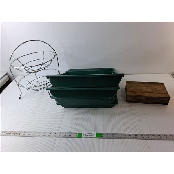 2 Tier Fruit Basket, (4) Stacking Trays, Wood Napkin Holder