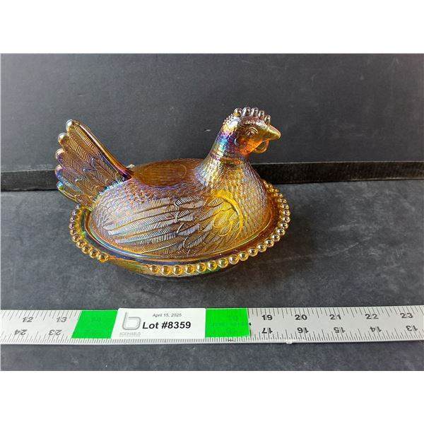 Glass Hen on Nest Dish 7" Long-chipped base