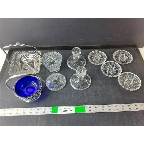 Crystal/Glass Lot- (2) Candleholders, (4) Coasters, Sugar Bowl, Misc.