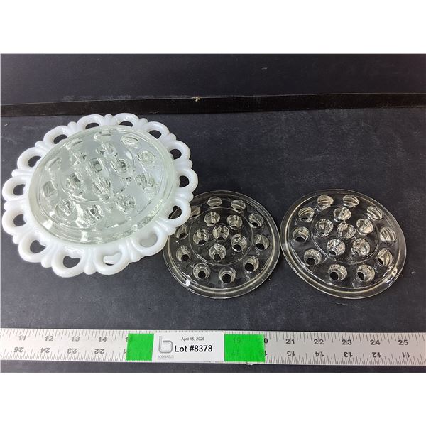 (3) Glass Frogs, Milk Glass Footed Bowl