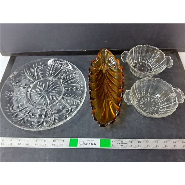 Glass Lot- (2) Bowls. (2) Trays Up to 12.5" Long