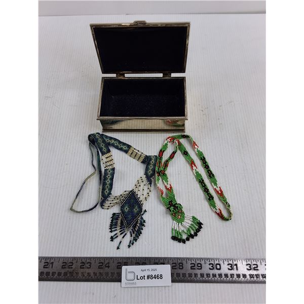 Metal Jewelry Box, 2 "Indigenous Themed" Beaded Necklaces