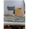 Image 1 : Beige Accordion Lamp Shade 10.5" high x 17" Bottom Dia., Throw Cushions, 3 Knit Place Mats