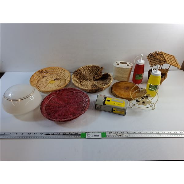 Wicker Bowls, Krypton Lantern, Ketchup/Mustard Dispensers, Napkin Holder, Hot Dish Stand and Misc