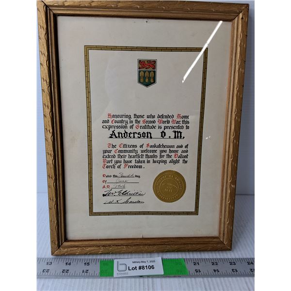 WWII Sask. Welcome Home Soldier Scroll