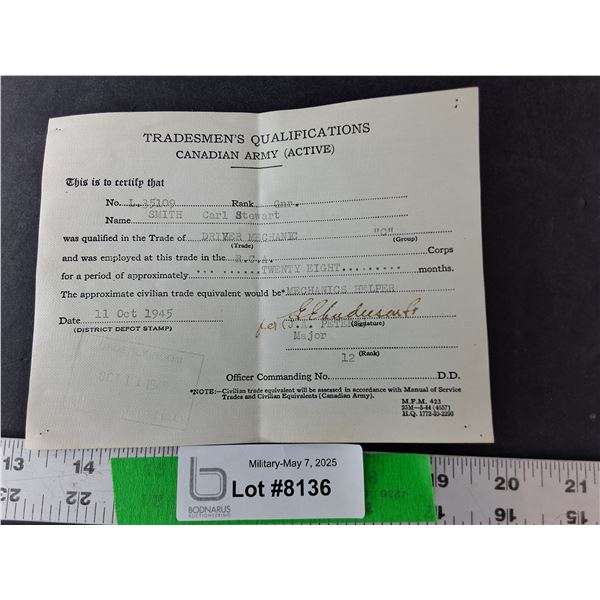 WWII Artillery Soldier Tradesman Certificate