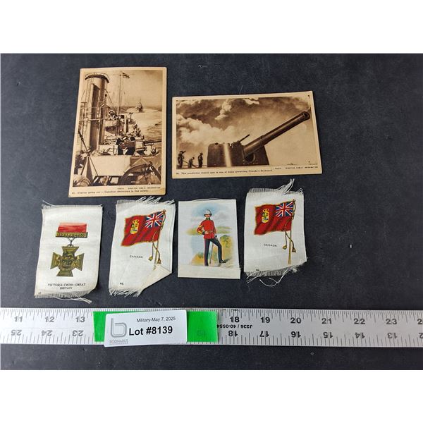 (2) Vintage Military Postcards,(4) Tobacco Silks