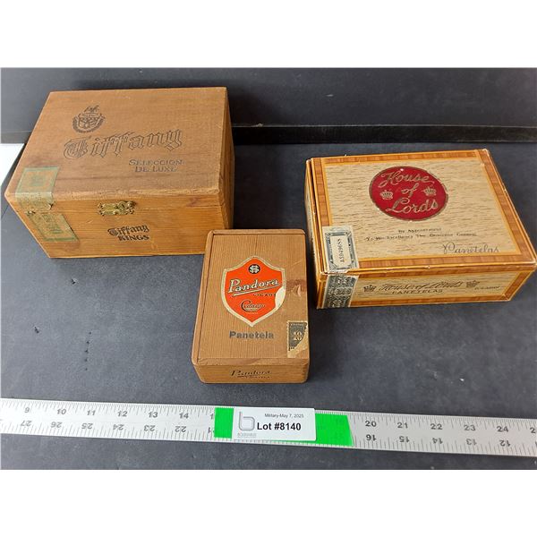 (3) Wooden Cigar Boxes- Pandora, House of Lords, Tiffany- As Is & Foreign Bills-