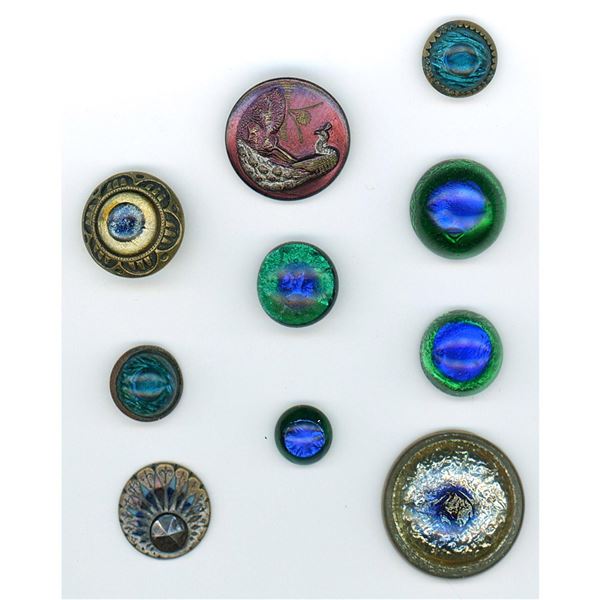 A small card of mostly Peacock eye glass buttons