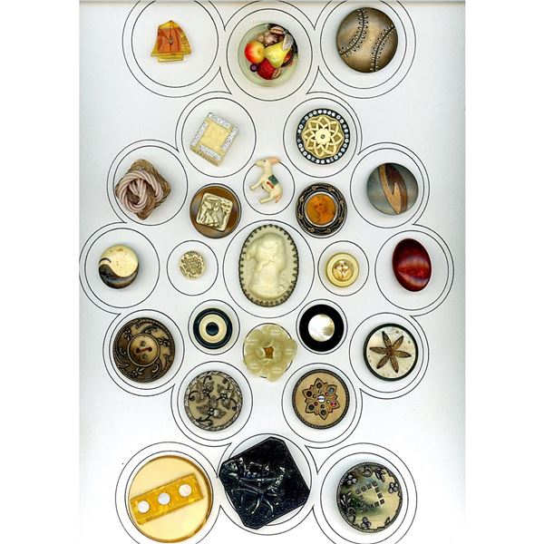 A card of assorted division 1 & 3 celluloid buttons