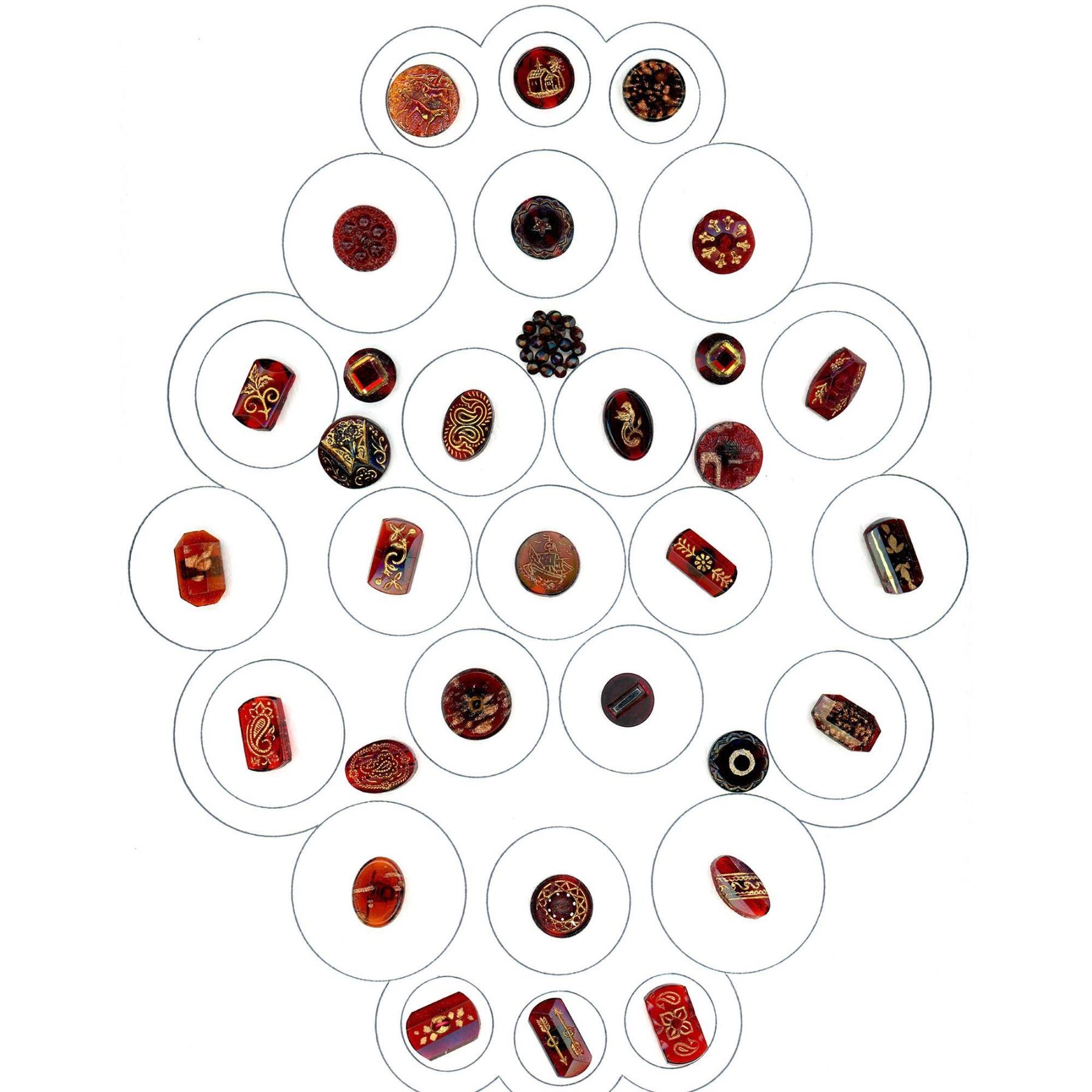 A card of division one RUBY red glass buttons