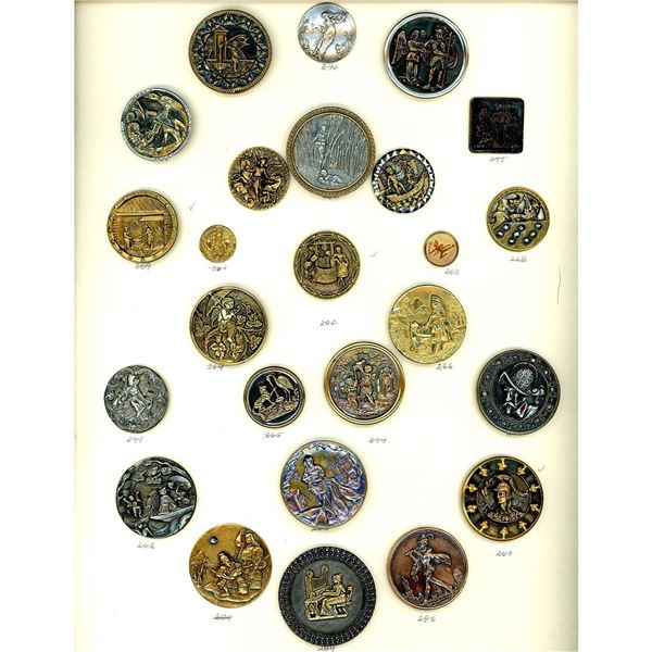 A full card of assorted metal pictorial buttons