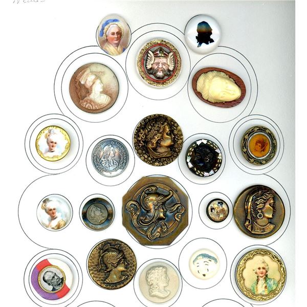 A card of division one and three assorted head buttons