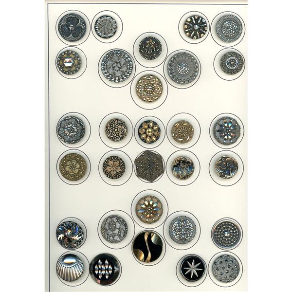 A card of division one and three black glass buttons