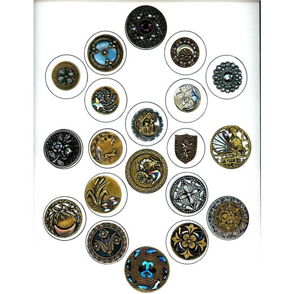 A full card of division one metal and steel buttons