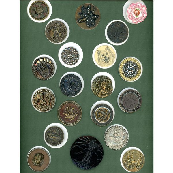 A full card of assorted material pictorial buttons