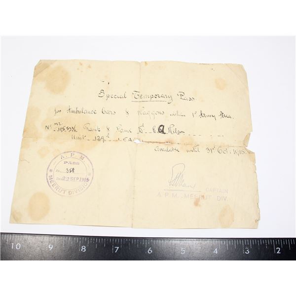 #321 WW1 BRITISH TEMPORARY PASS AMBULANCE PAPER