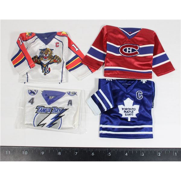 #622 LOT OF 4 MINIATURE HOCKEY JERSEYS, 1 SEALED