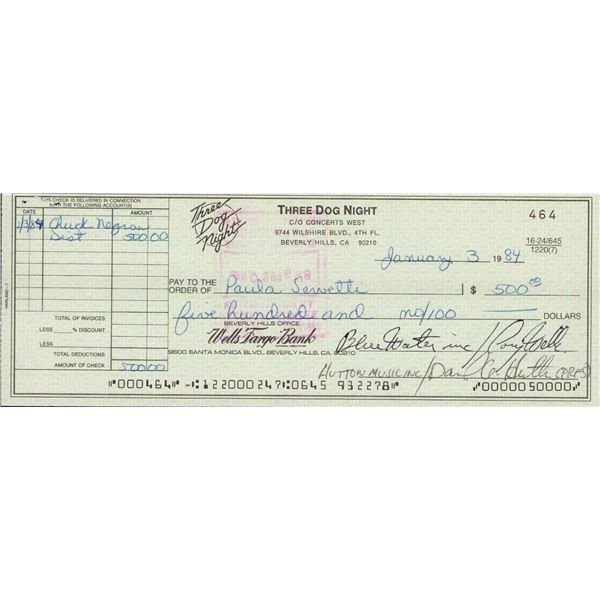 Danny Hutton/Cory Wells signed check 3 dog night