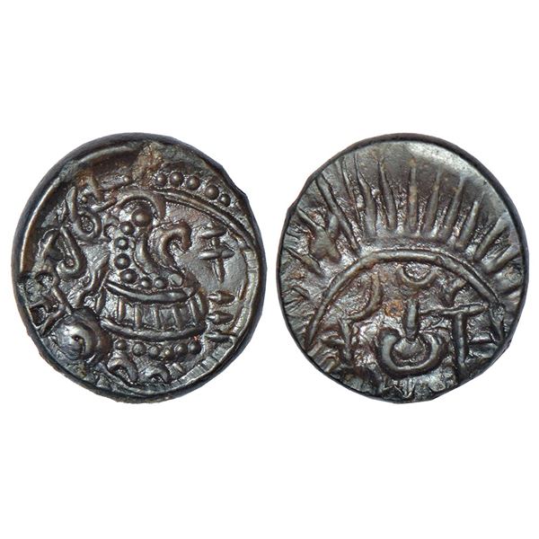 Ancient India: Eastern Chalukyas - alloyed copper coin of Kubja Vishnu Vardhana (624-641 AD) alias V