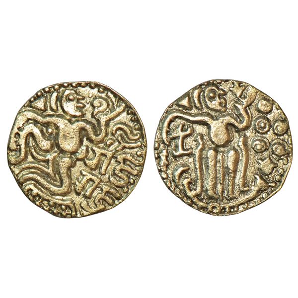 Medieval India: Cholas, base gold kahavanu of Raja Raja I (985-1014 AD), MCSI-II 337, 4.00g.