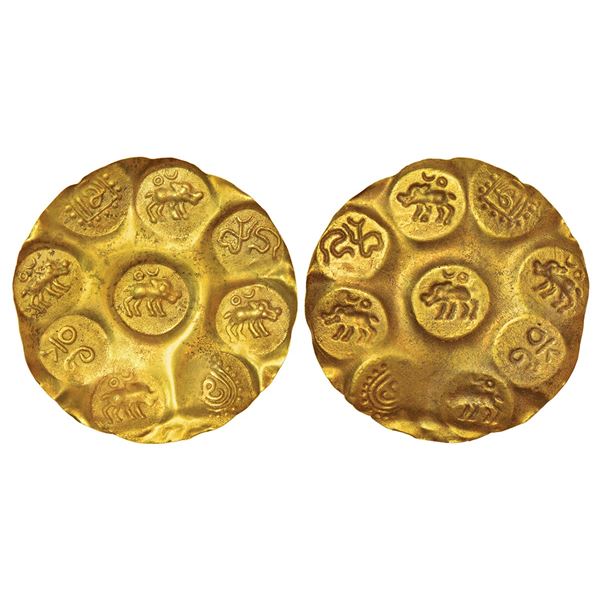 Medieval India: Kakatiyas of Warangal, gold punch-marked gadyana, repousse fabric (900-1000 AD),