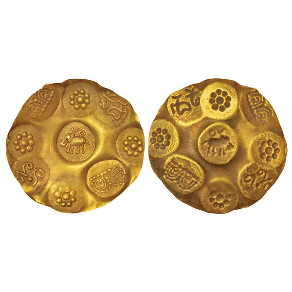 Medieval India: Kakatiyas of Warangal, gold punch marked gadyana, repousse fabric (1100-1200 AD),