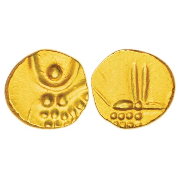 Medieval India: Hoysalas, gold fanam of Vira Raya, MCSI-I 324, 0.39g. Obv: Stylised lion standing