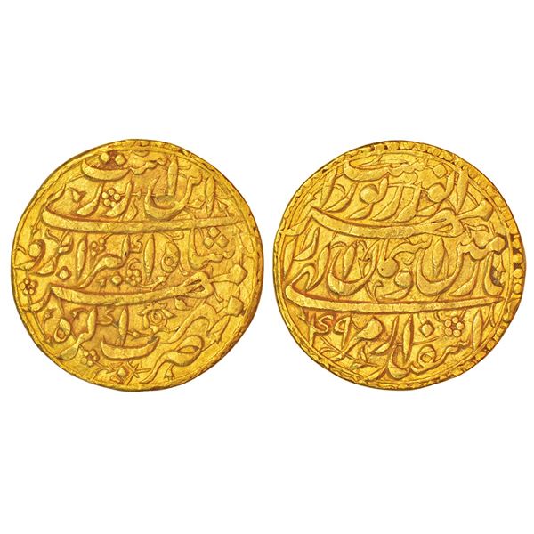 Mughals: Akbar (1556-1605 AD), gold mohur, Agra, Isfandarmuz (Pisces), Ilahi 49, 'Ta Zameen wa Aasma