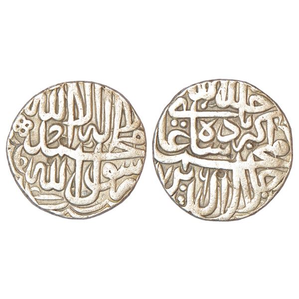 Mughals: Akbar (1556-1605 AD), silver rupee, Dar ul-Khilafat Agra mint (by style), AH (9)76, KM 80.1