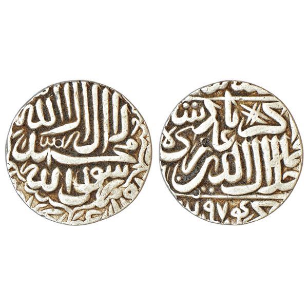 Mughals: Akbar (1556-1605 AD), silver rupee, Akbarpur Tanda mint, AH 974, crisscross symbol on rever
