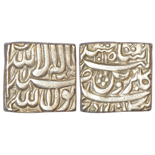 Mughals: Akbar (1556-1605 AD), silver square rupee, Bangala mint, 'Kaabe Roushan' couplet, AH 1011,