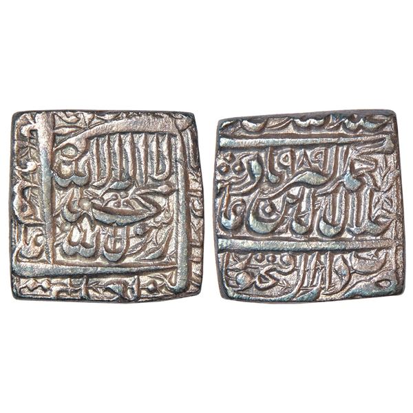 Mughals: Akbar (1556-1605 AD) silver square rupee, Dar us-Sultanat Fathpur mint (fully visible),