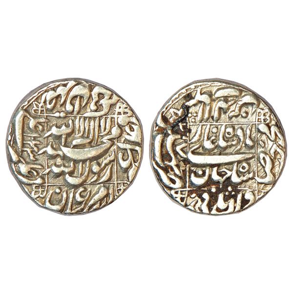 Mughals: Shah Jahan (1628-1658 AD), silver rupee, Bhakkar mint (fully visible) in left quadrant,