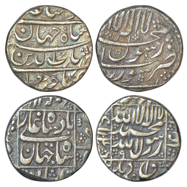 Mughals: Shah Jahan (1628-1658 AD), silver ½ rupee (2), Surat mint, 1x KM 213.2, 5.65g and 1x KM 218