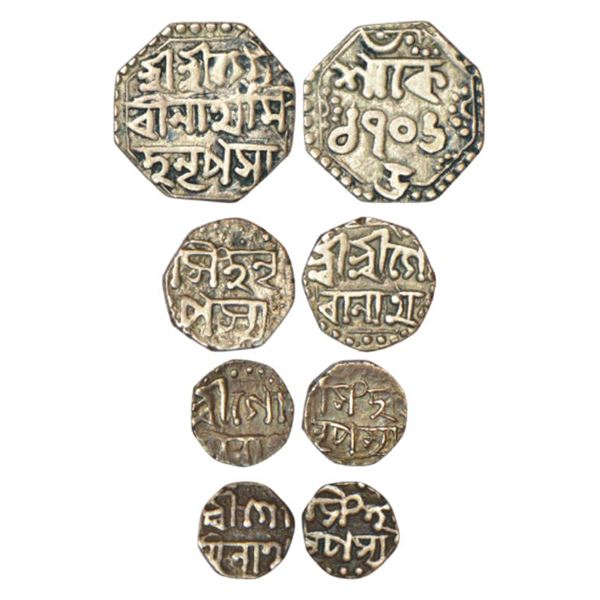 Independent Kingdoms: Assam, Gaurinath Simha (1780-1795 AD), set of 4 silver coins, 1x ¼ rupee, SE 1