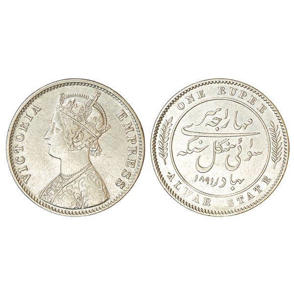 Princely States: Alwar, Mangal Singh (1874-1892 AD), silver rupee, 1891, KM 46, 11.52g.