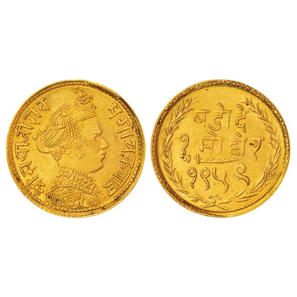 Princely States: Baroda, Sayaji Rao III (1875-1938 AD), gold mohur, VS 1959, KM Y39, 6.34g.
