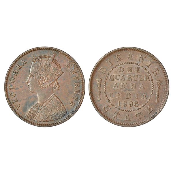 Princely States: Bikanir, Ganga Singh (1887-1942 AD), copper ¼ anna, AD 1895, KM 71, 6.45g.