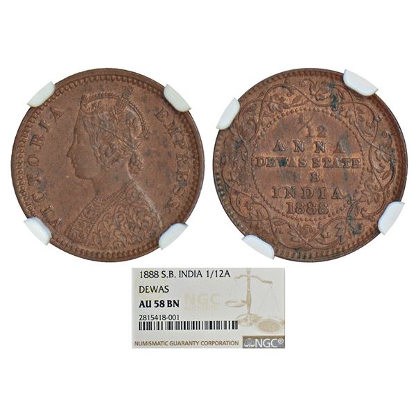 Princely States: Dewas, SB (senior branch), Krishnaji Rao (1860-1899 AD), copper 1/12 anna, 1888 AD,
