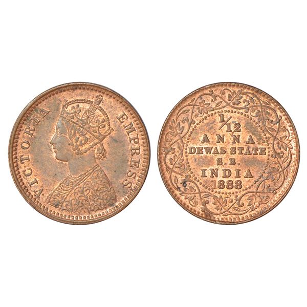 Princely States: Dewas, SB (senior branch), Krishnaji Rao (1860-1899 AD), copper 1/12 anna, 1888 AD,