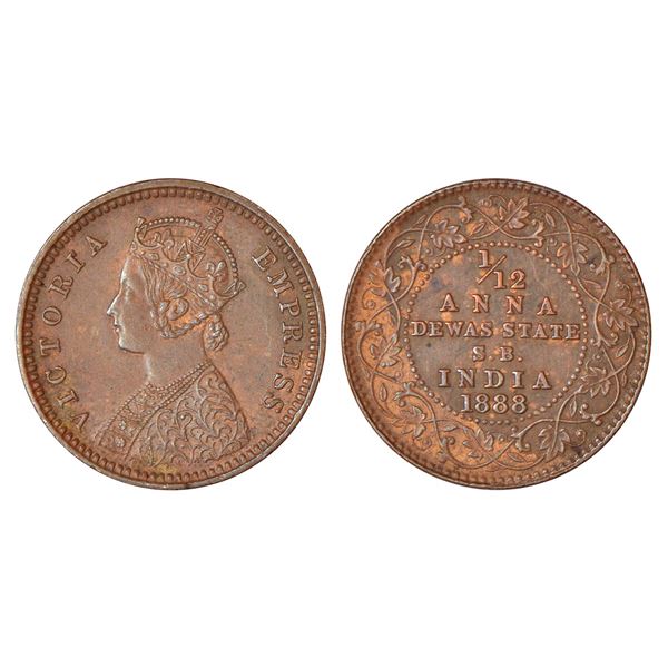 Princely States: Dewas, SB (senior branch), Krishnaji Rao (1860-1899 AD), copper 1/12 anna, 1888 AD,
