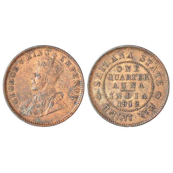 Princely States: Sailana, Jaswant Singh (1890-1919 AD), copper ¼ anna, 1912 AD, KM 16, 4.86g.