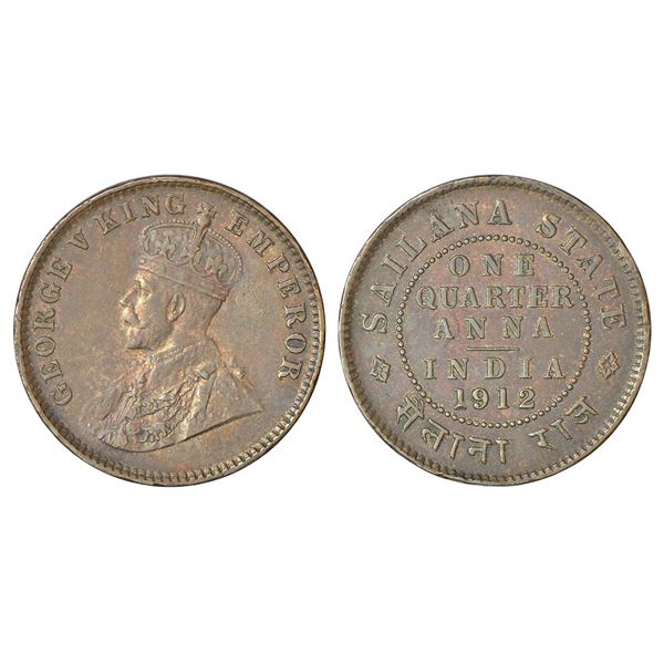 Princely States: Sailana, Jaswant Singh (1890-1919 AD), copper ¼ anna, 1912 AD, KM 16, 4.75g.