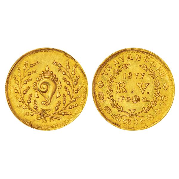 Princely States: Travancore, Rama Varma IV (1860-1880 AD), gold pagoda, 1877 AD, KM 26, 2.54g.