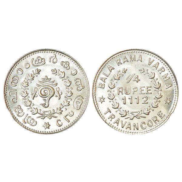 Princely States: Travancore, Bala Rama Varma II (1924-1949 AD), silver ¼ rupee, ME 1112, initial B.R