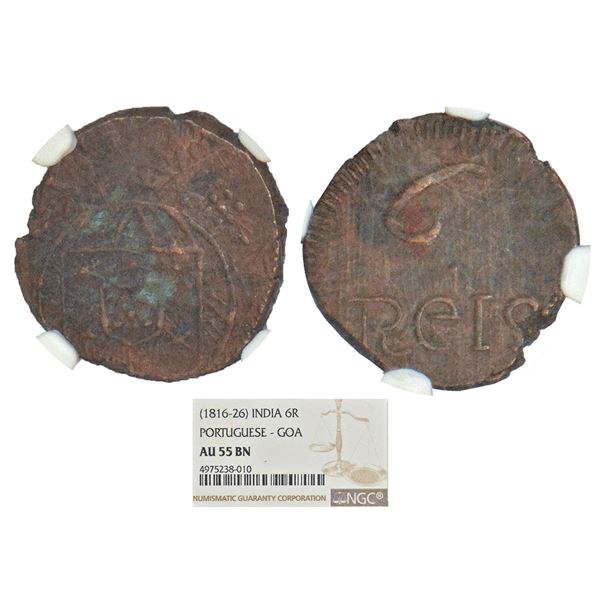 Portuguese India, D. Joao VI (1816-1826 AD), Goa, copper 6 reis, KM 226. Obv: Crowned arms.