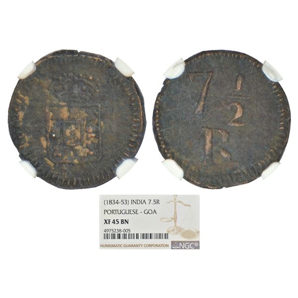 Portuguese India, D. Maria II (1834-1853 AD), Goa, copper 7½ reis, KM 260. Obv: Crowned arms.