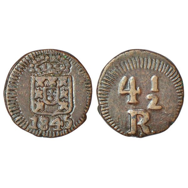 Portuguese India, D. Maria II (1834-1853 AD), Goa, copper 4½ reis, AD 1845, KM 258, 3.12g.